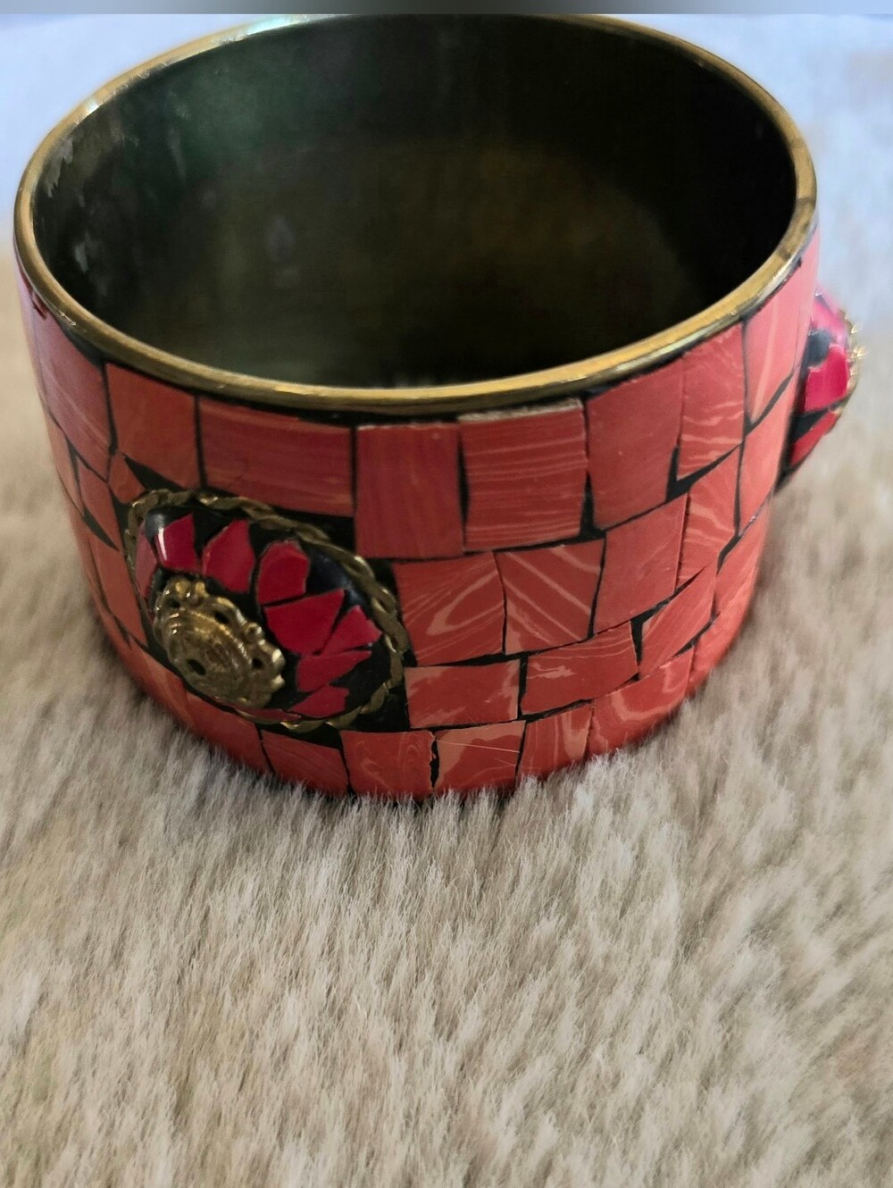 Vintage Bohemian Brass Basketweave Mosaic Bangle Bracelet W/ Floral